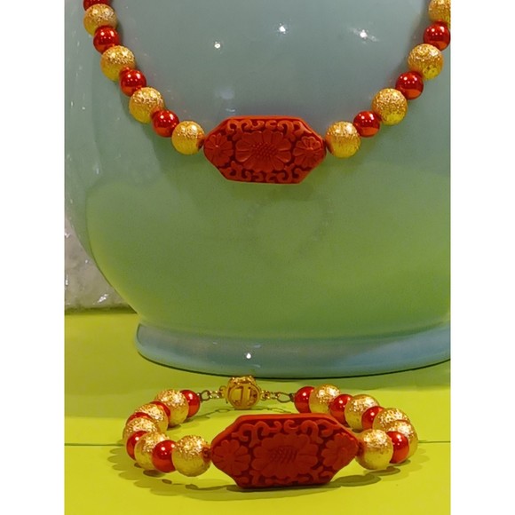 Red & Golden beaded  Cinnabar flower focus bead Necklace Bracelet Set Plus size - Picture 2 of 14